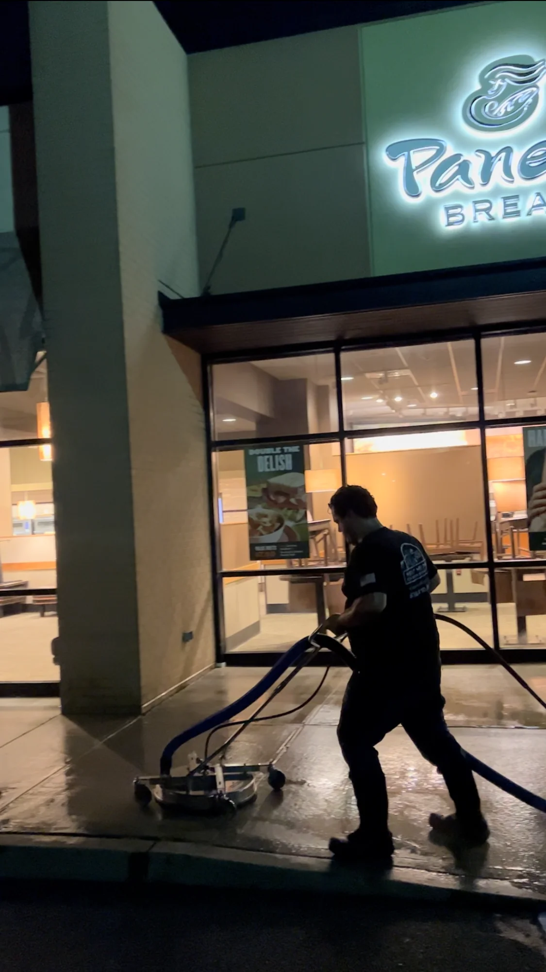 Night storefront cleaning at a commercial property